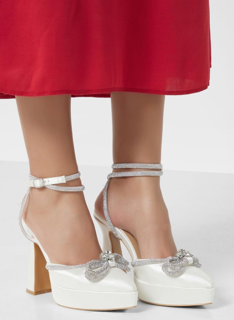 Jewelled Bow Satin Platform Pump