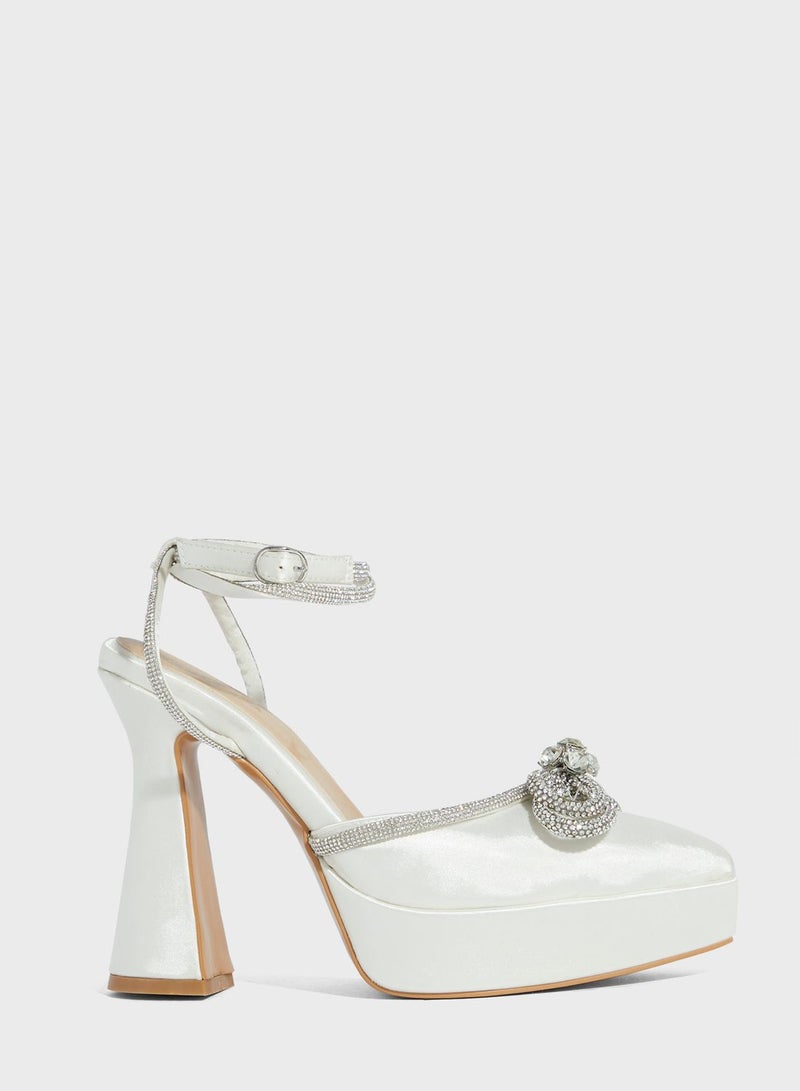 Jewelled Bow Satin Platform Pump