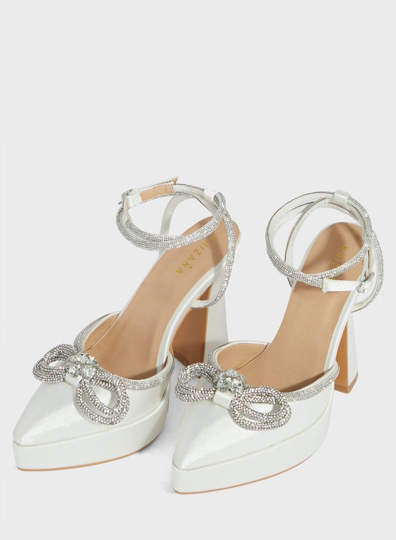 Jewelled Bow Satin Platform Pump