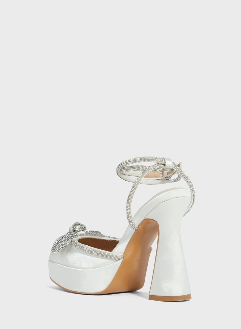 Jewelled Bow Satin Platform Pump
