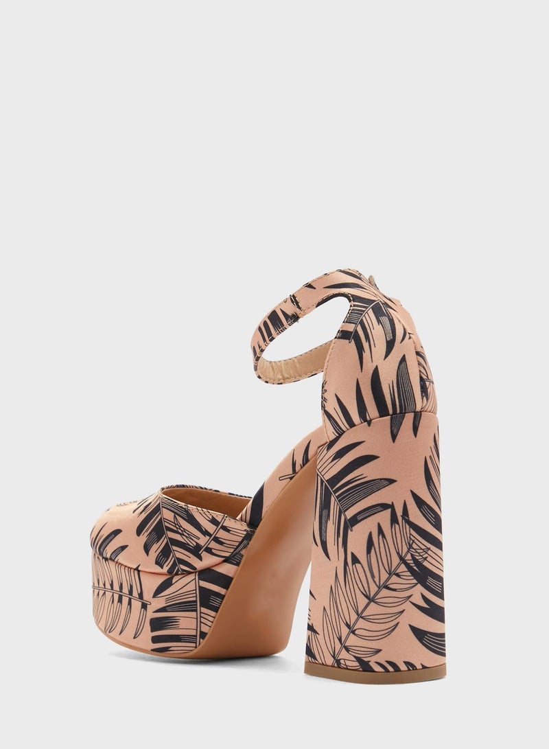 Satin Palm Print Platform Pump