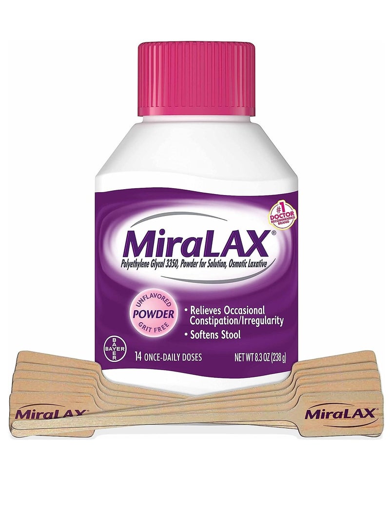 MiraLAX Gentle Constipation Relief Laxative Powder with Stirrer, Stool Softener with PEG 3350, No Harsh Side Effects, Osmotic Laxative, #1 Physician Recommended, 14 Dose