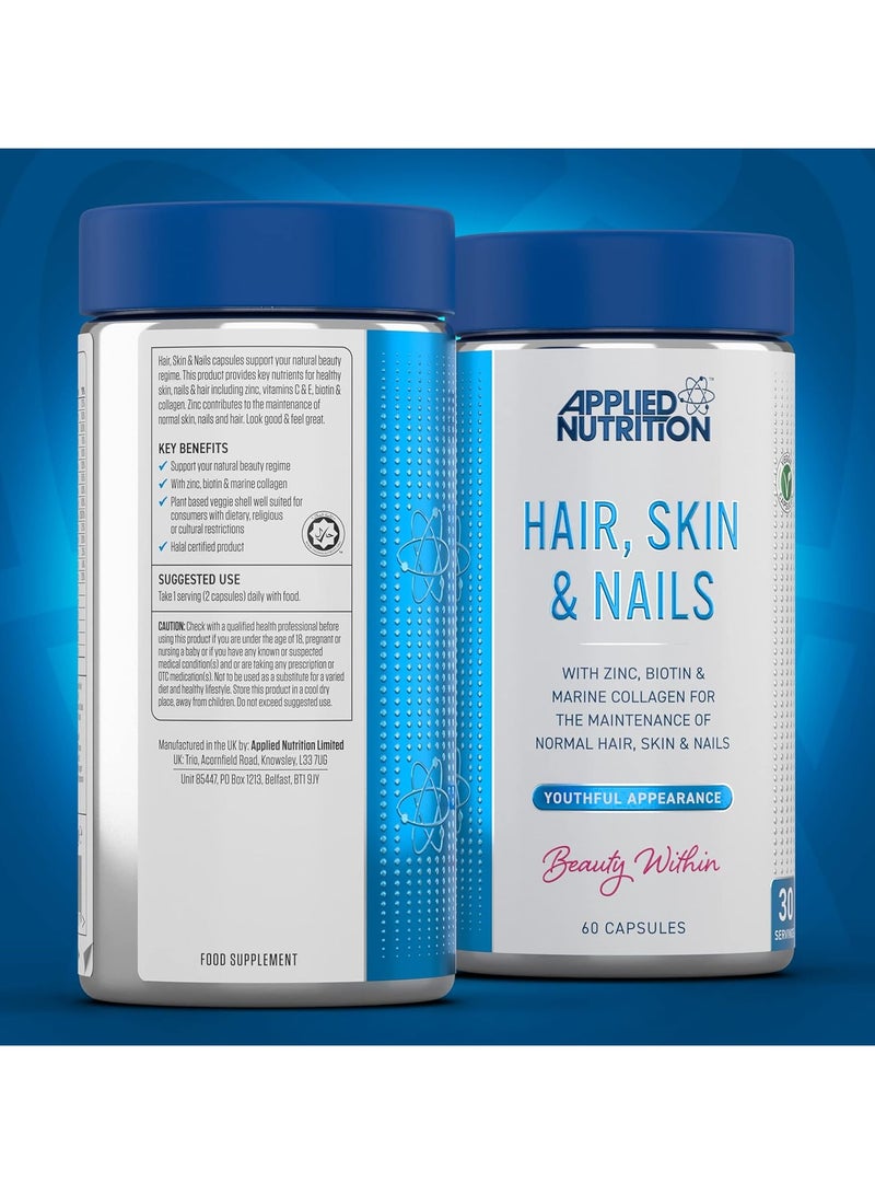 Hair, Skin, Nails - Biotin & Marine Collagen For Healthy Hair Growth, Skin & Nails Supplement With 10000 Mcg Biotin (60 Capsules - 30 Servings)