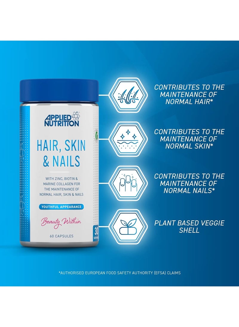 Hair, Skin, Nails - Biotin & Marine Collagen For Healthy Hair Growth, Skin & Nails Supplement With 10000 Mcg Biotin (60 Capsules - 30 Servings)