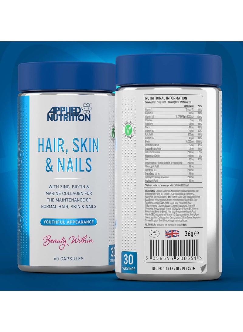 Hair, Skin, Nails - Biotin & Marine Collagen For Healthy Hair Growth, Skin & Nails Supplement With 10000 Mcg Biotin (60 Capsules - 30 Servings)
