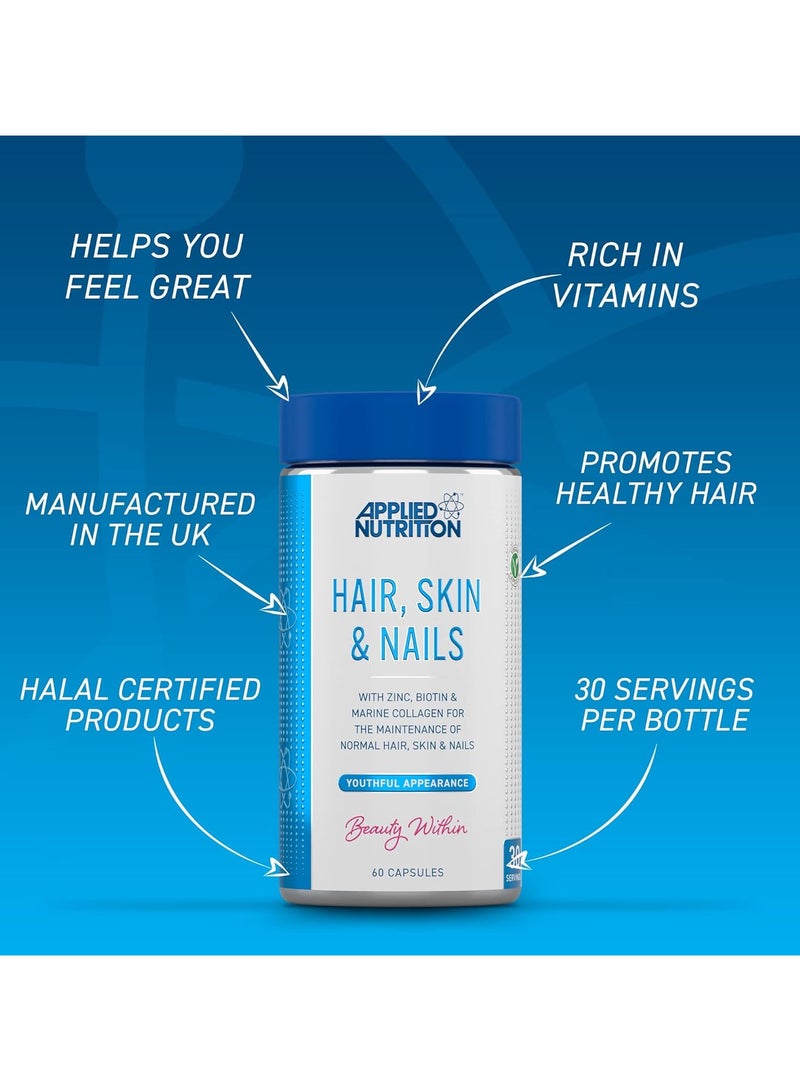 Hair, Skin, Nails - Biotin & Marine Collagen For Healthy Hair Growth, Skin & Nails Supplement With 10000 Mcg Biotin (60 Capsules - 30 Servings)