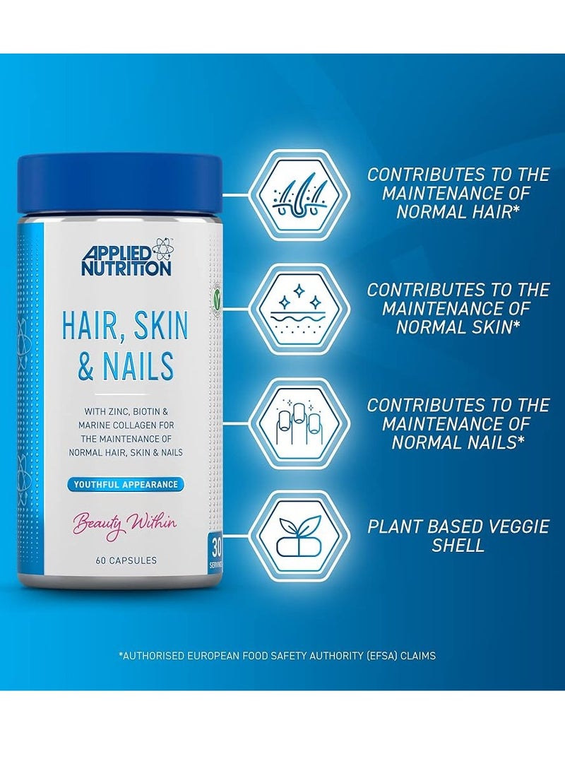 Hair, Skin, Nails - Biotin & Marine Collagen For Healthy Hair Growth, Skin & Nails Supplement With 10000 Mcg Biotin (60 Capsules - 30 Servings)
