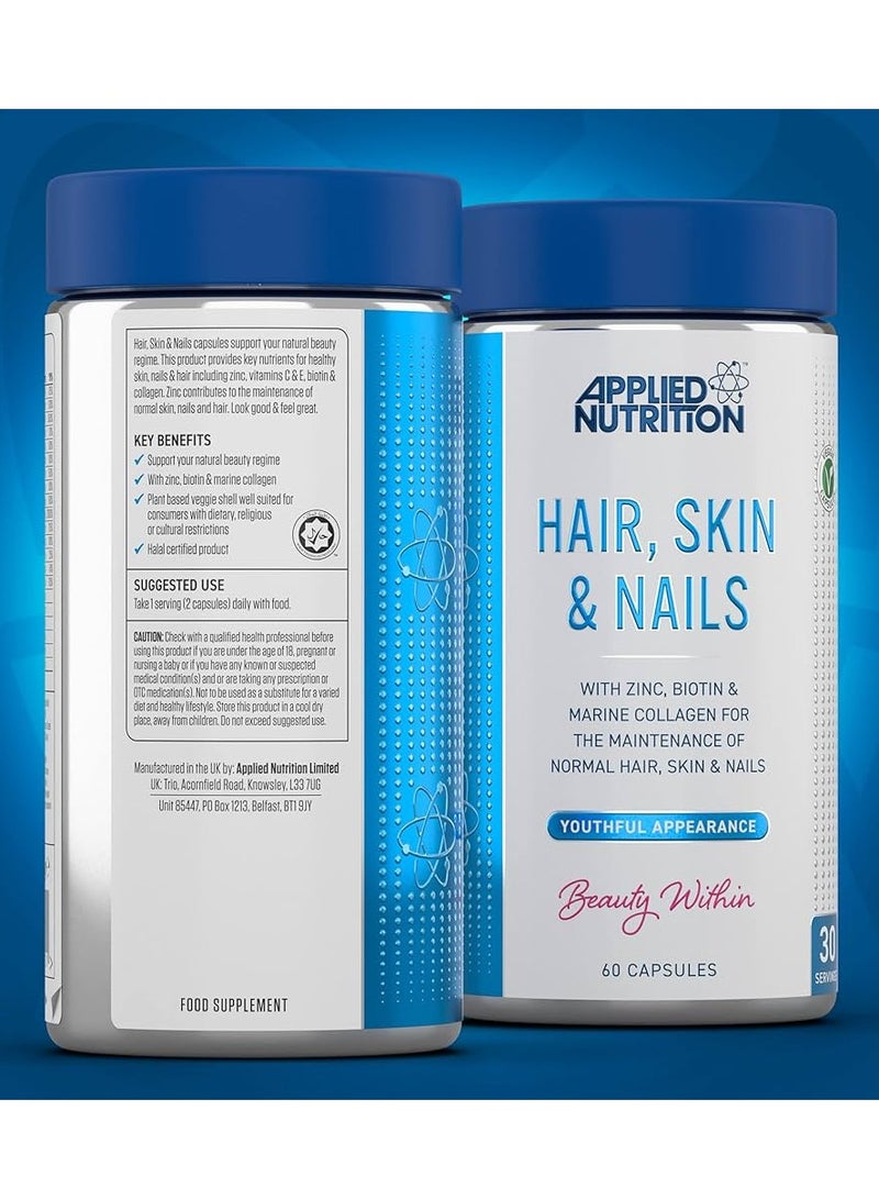 Hair, Skin, Nails - Biotin & Marine Collagen For Healthy Hair Growth, Skin & Nails Supplement With 10000 Mcg Biotin (60 Capsules - 30 Servings)