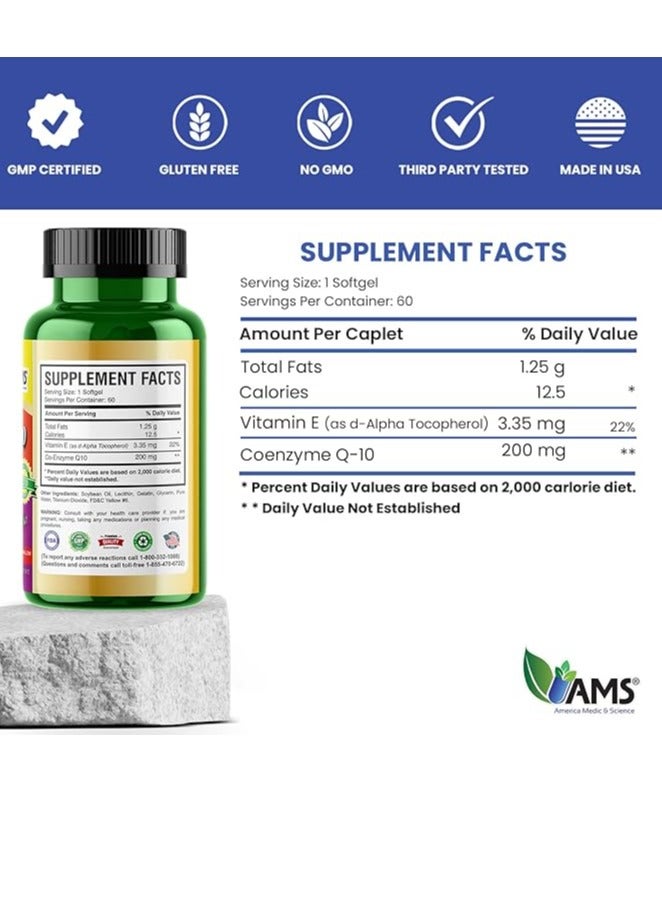 CoQ10 200mg Softgels, Nutritional Supplement with Coenzyme Q10 and Vitamin E 60 Capsules