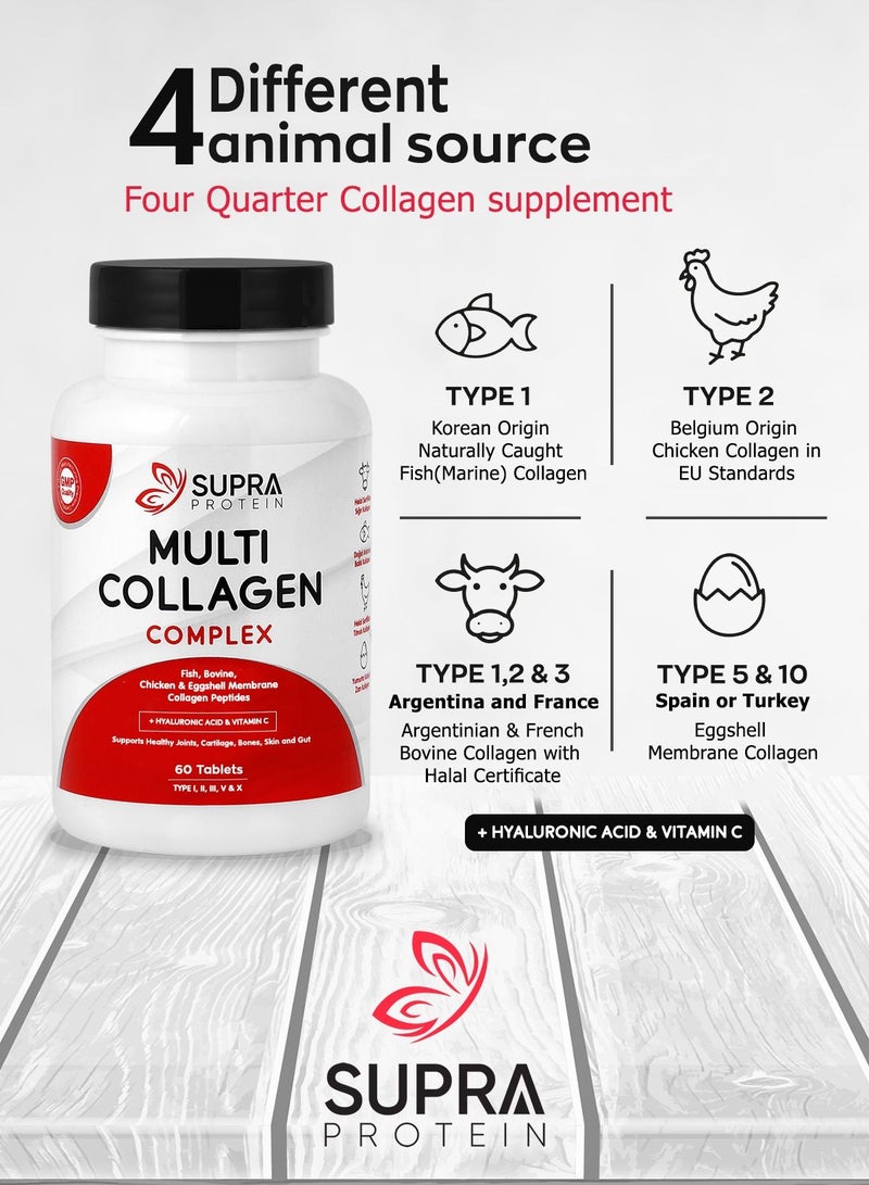 Multi Collagen Complex Dietary supplements 60tablets with collagen peptide types and Hyaluronic acid supports healthy joints cartilage bones skin and gut