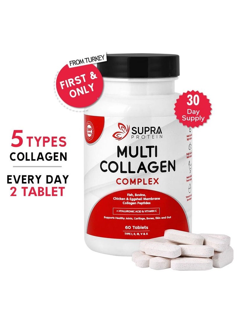 Multi Collagen Complex Dietary supplements 60tablets with collagen peptide types and Hyaluronic acid supports healthy joints cartilage bones skin and gut