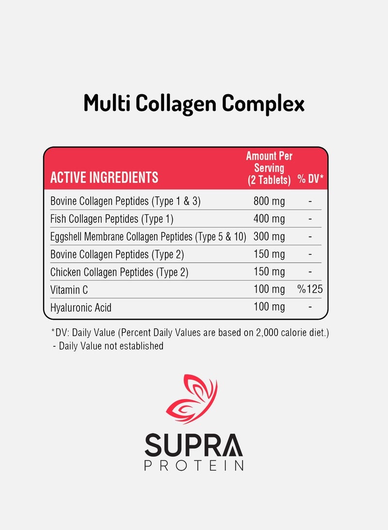 Multi Collagen Complex Dietary supplements 60tablets with collagen peptide types and Hyaluronic acid supports healthy joints cartilage bones skin and gut