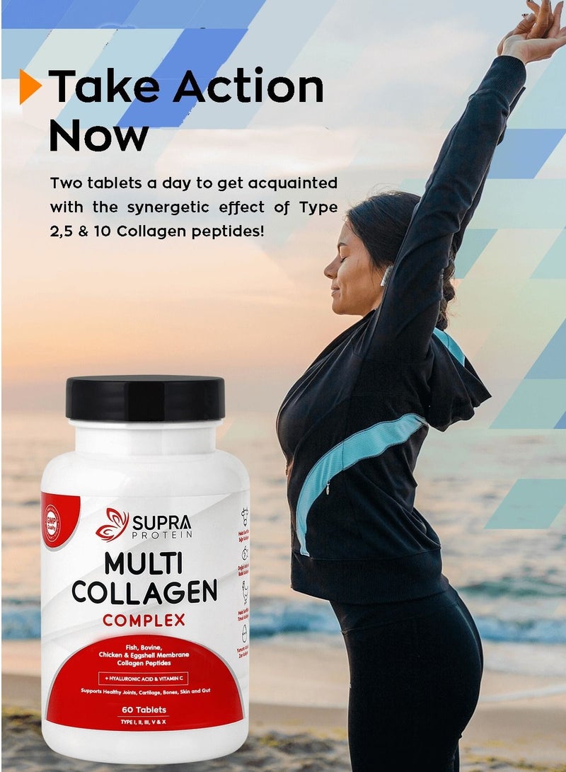 Multi Collagen Complex Dietary supplements 60tablets with collagen peptide types and Hyaluronic acid supports healthy joints cartilage bones skin and gut