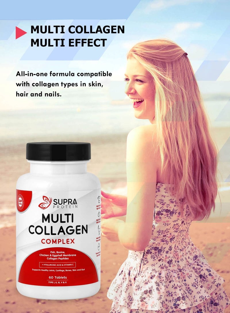 Multi Collagen Complex Dietary supplements 60tablets with collagen peptide types and Hyaluronic acid supports healthy joints cartilage bones skin and gut