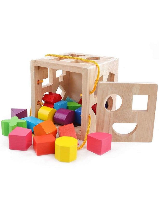 Shape Sorter Toys With 19 Shape Blocksshape Sorting Cube Toy Box Classic Wooden Toys For Toddlers Kidsgift For Girls Boys 24(Natural Solid Wood)