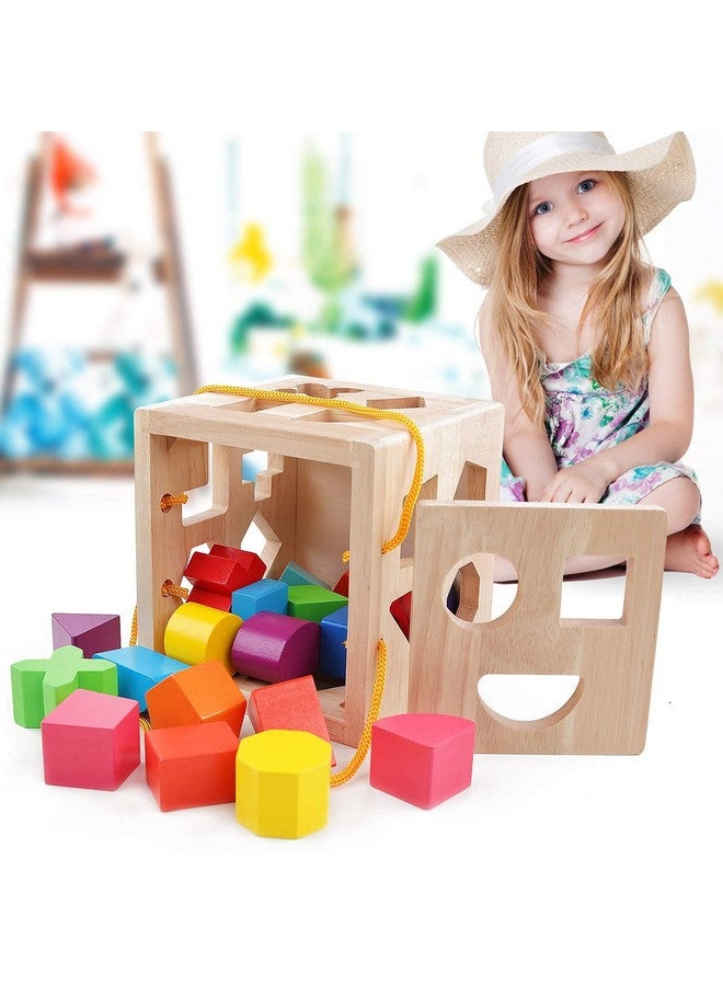 Shape Sorter Toys With 19 Shape Blocksshape Sorting Cube Toy Box Classic Wooden Toys For Toddlers Kidsgift For Girls Boys 24(Natural Solid Wood)