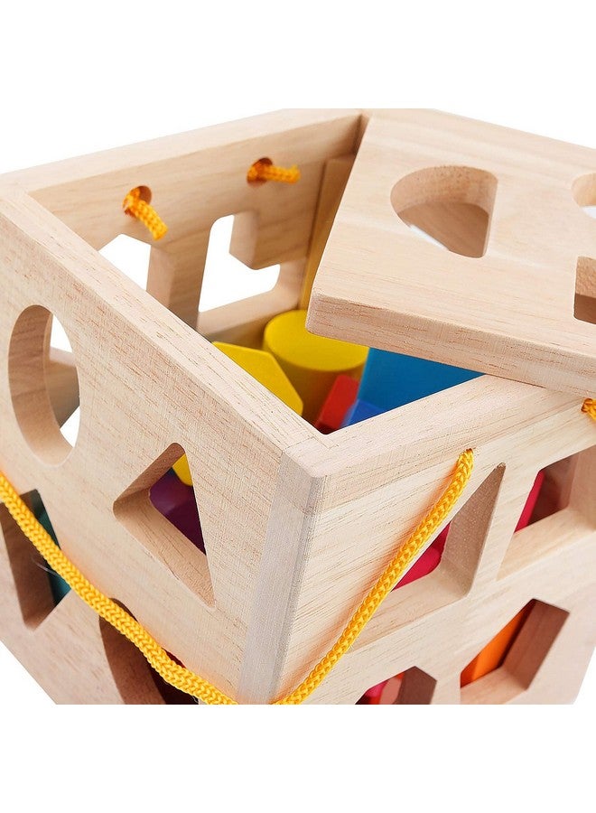 Shape Sorter Toys With 19 Shape Blocksshape Sorting Cube Toy Box Classic Wooden Toys For Toddlers Kidsgift For Girls Boys 24(Natural Solid Wood)