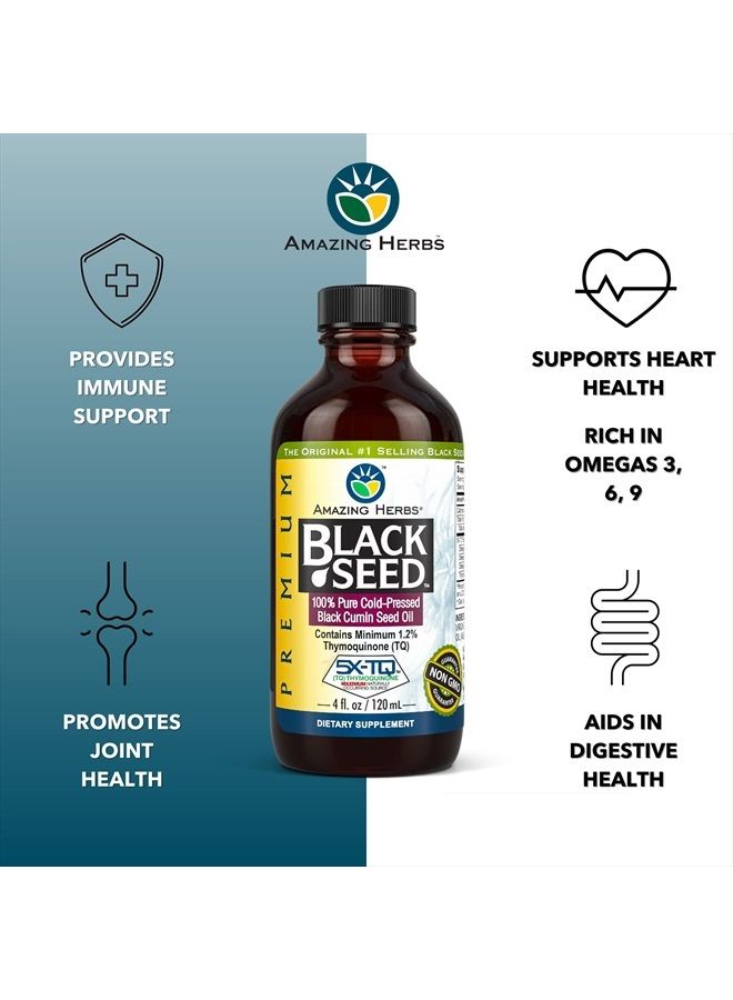 Premium Black Seed Oil - Cold Pressed Nigella Sativa Aids in Digestive Health, Immune Support, Brain Function, Joint Mobility, Gluten Free, Non GMO - 4 Fl Oz