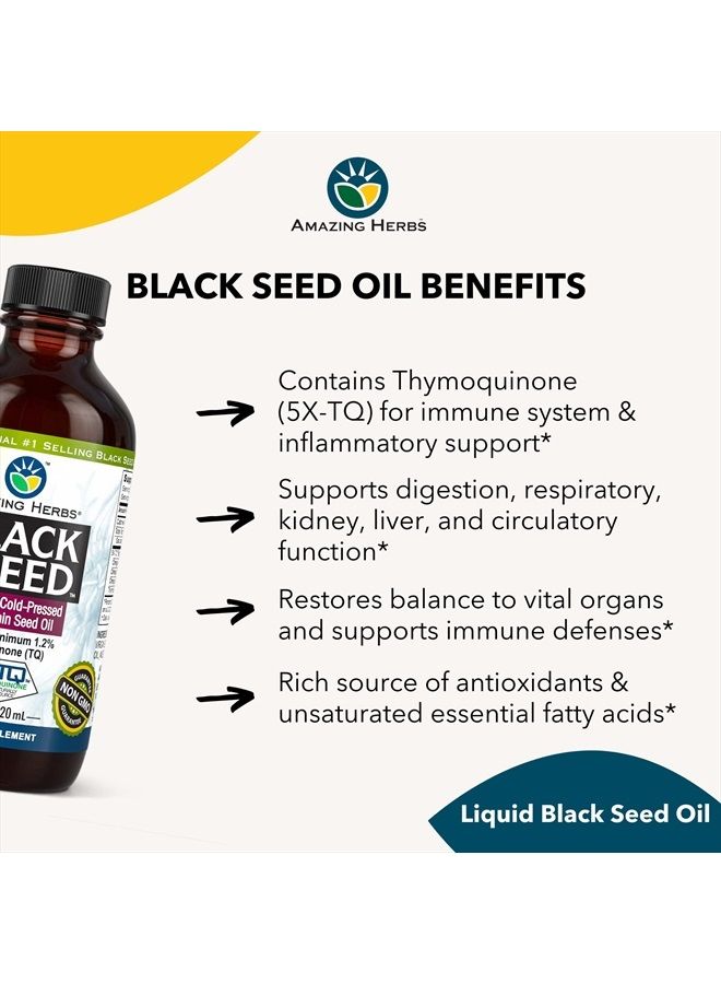 Premium Black Seed Oil - Cold Pressed Nigella Sativa Aids in Digestive Health, Immune Support, Brain Function, Joint Mobility, Gluten Free, Non GMO - 4 Fl Oz