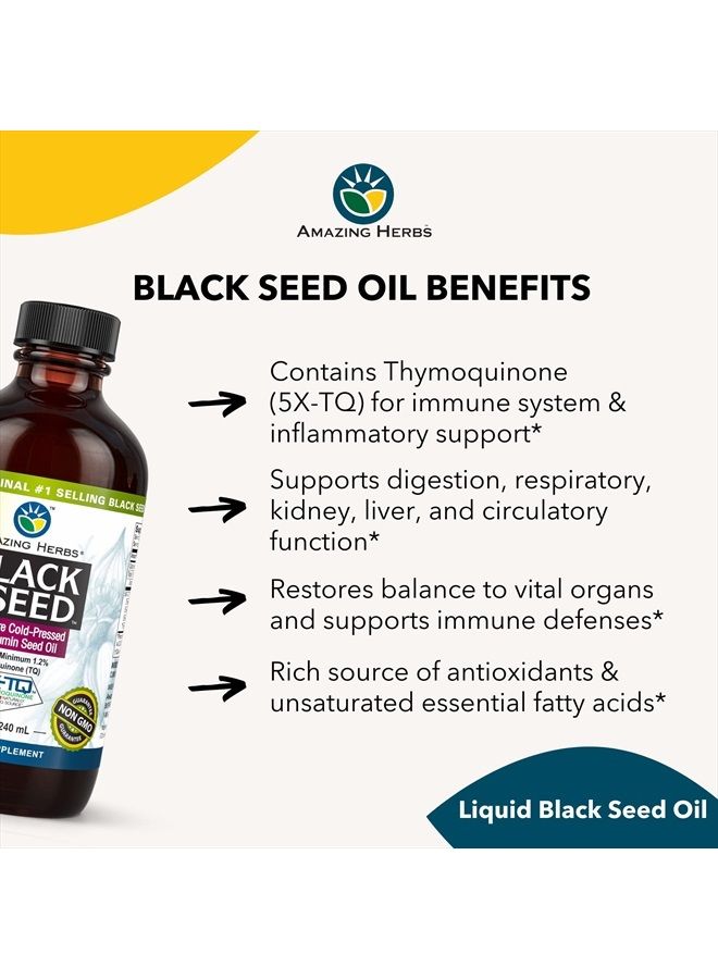 Premium Black Seed Oil - Cold Pressed Nigella Sativa Aids in Digestive Health, Immune Support, Brain Function, Joint Mobility, Gluten Free, Non GMO - 8 Fl Oz