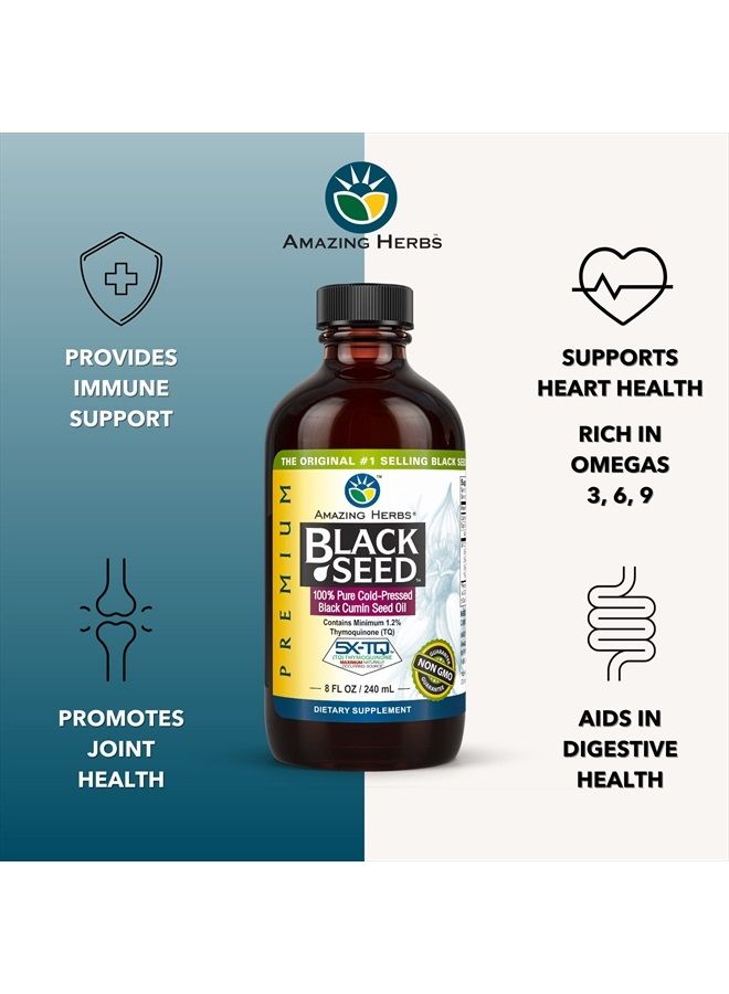 Premium Black Seed Oil - Cold Pressed Nigella Sativa Aids in Digestive Health, Immune Support, Brain Function, Joint Mobility, Gluten Free, Non GMO - 8 Fl Oz