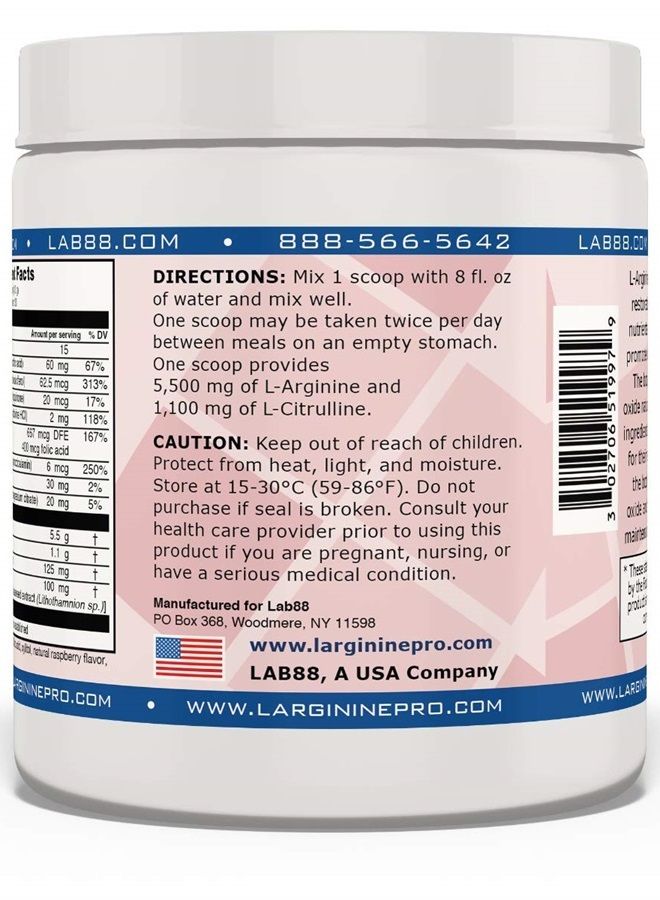 , L-arginine Supplement - 5,500mg of L-arginine Plus 1,100mg L-Citrulline, Single Jar (Raspberry, 1 Jar)