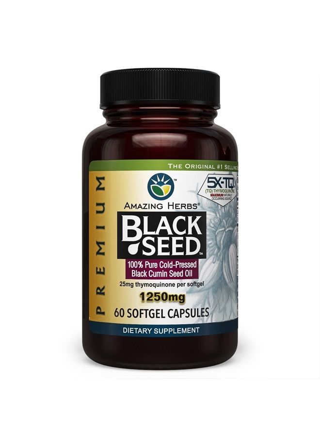 Premium Black Seed Oil Capsules - High Potency, Cold Pressed Nigella Sativa Aids in Digestive Health, Immune Support & Brain Function - 60 Count, 1250mg