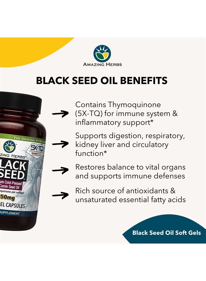 Premium Black Seed Oil Capsules - High Potency, Cold Pressed Nigella Sativa Aids in Digestive Health, Immune Support & Brain Function - 60 Count, 1250mg