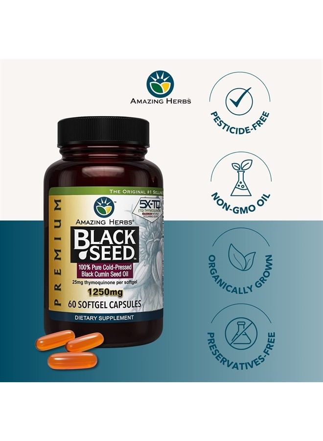 Premium Black Seed Oil Capsules - High Potency, Cold Pressed Nigella Sativa Aids in Digestive Health, Immune Support & Brain Function - 60 Count, 1250mg