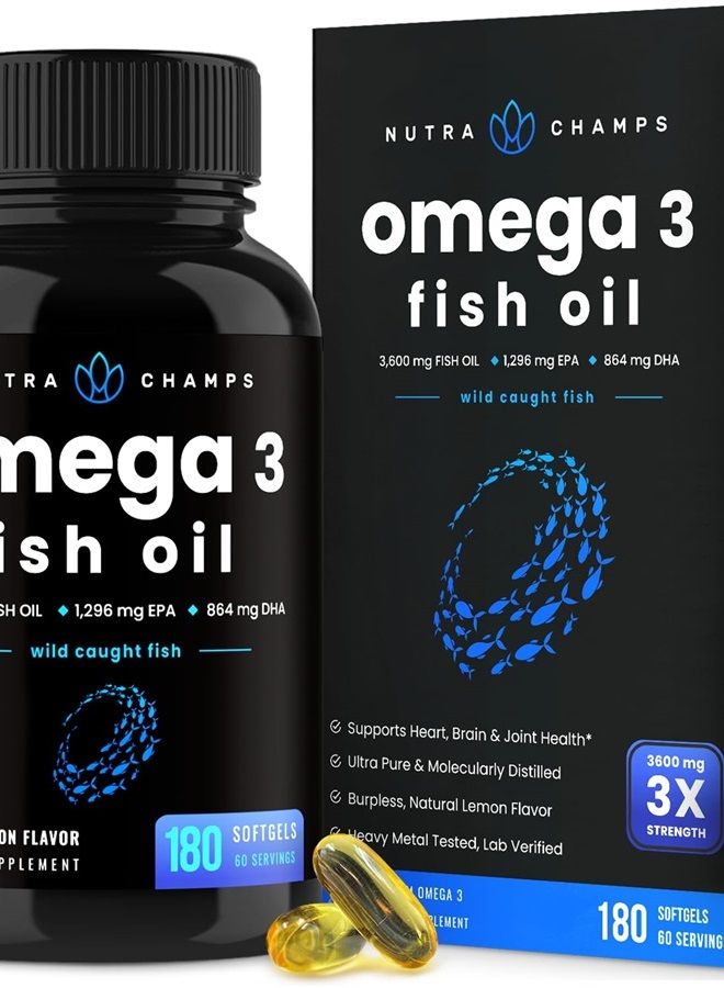 Omega 3 Fish Oil Supplements 3600mg with EPA & DHA | High Potency Omega 3 Supplement to Support Heart, Brain, Joints, Skin, Eyes & Immune Health | 180 Natural Lemon Burpless Fish Oil Capsules