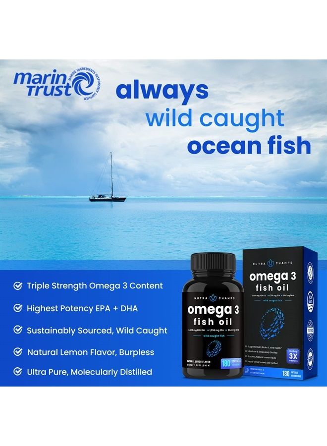 Omega 3 Fish Oil Supplements 3600mg with EPA & DHA | High Potency Omega 3 Supplement to Support Heart, Brain, Joints, Skin, Eyes & Immune Health | 180 Natural Lemon Burpless Fish Oil Capsules