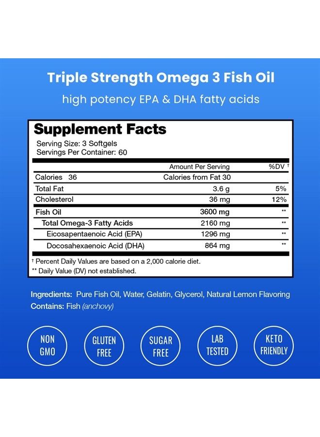 Omega 3 Fish Oil Supplements 3600mg with EPA & DHA | High Potency Omega 3 Supplement to Support Heart, Brain, Joints, Skin, Eyes & Immune Health | 180 Natural Lemon Burpless Fish Oil Capsules