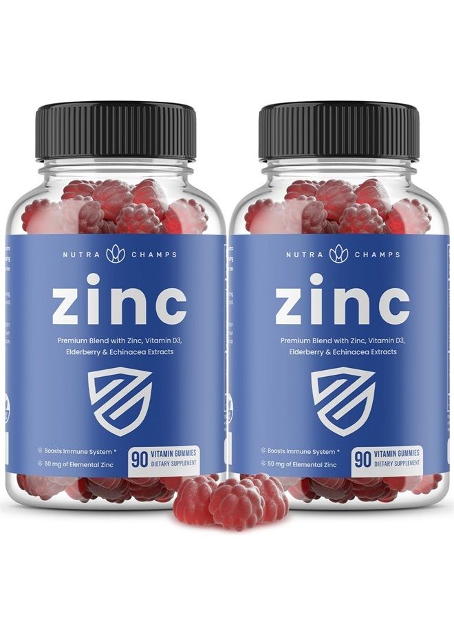 Zinc Gummies | 4-in-1 Zinc Gummies Adult | Zinc Chewable 50mg | Chewable Zinc Supplement Gummies with Vitamin D3 2000 IU, Elderberry & Echinacea | Immune, Heart & Brain Support | 180 Count (2 Pack)