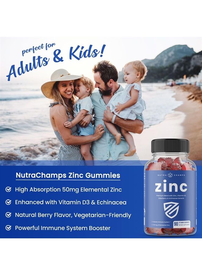 Zinc Gummies | 4-in-1 Zinc Gummies Adult | Zinc Chewable 50mg | Chewable Zinc Supplement Gummies with Vitamin D3 2000 IU, Elderberry & Echinacea | Immune, Heart & Brain Support | 180 Count (2 Pack)