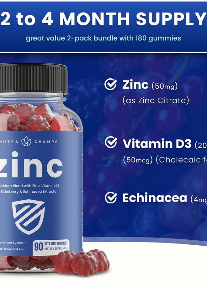 Zinc Gummies | 4-in-1 Zinc Gummies Adult | Zinc Chewable 50mg | Chewable Zinc Supplement Gummies with Vitamin D3 2000 IU, Elderberry & Echinacea | Immune, Heart & Brain Support | 180 Count (2 Pack)