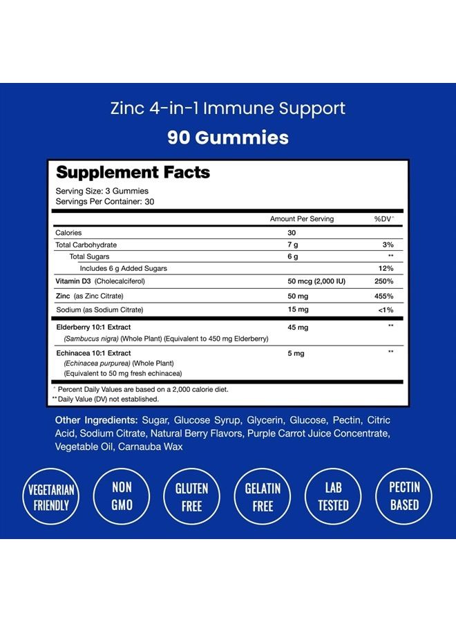 Zinc Gummies | 4-in-1 Zinc Gummies Adult | Zinc Chewable 50mg | Chewable Zinc Supplement Gummies with Vitamin D3 2000 IU, Elderberry & Echinacea | Immune, Heart & Brain Support | 180 Count (2 Pack)