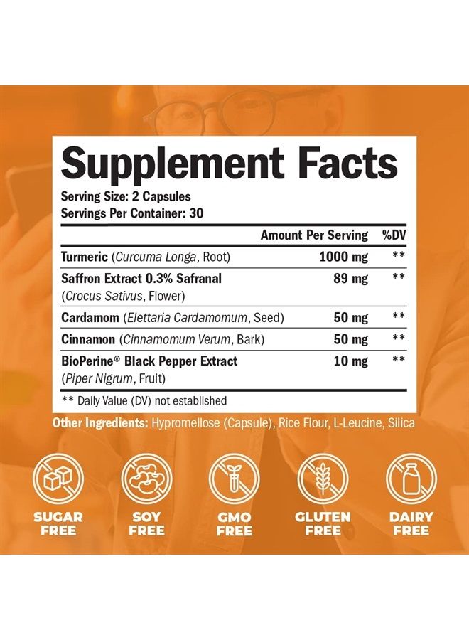 Turmeric Curcumin with Saffron Extract, Cinnamon, Cardamom & Black Pepper - Antioxidant Joint Support Supplement with Tumeric & Bioperine for Mood, Memory, Eye Health & Well-Being - 60 Capsules