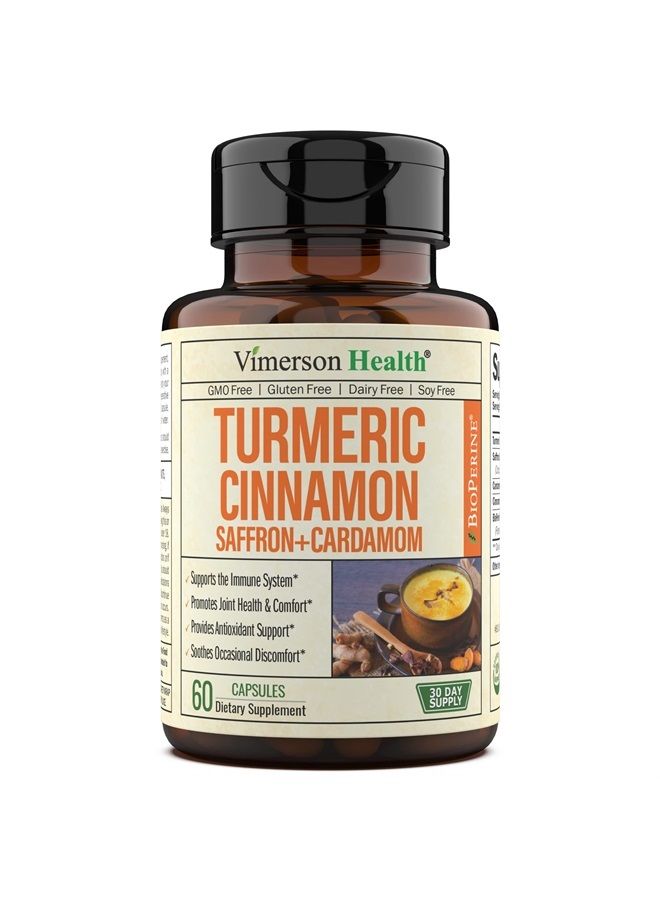 Turmeric Curcumin with Saffron Extract, Cinnamon, Cardamom & Black Pepper - Antioxidant Joint Support Supplement with Tumeric & Bioperine for Mood, Memory, Eye Health & Well-Being - 60 Capsules