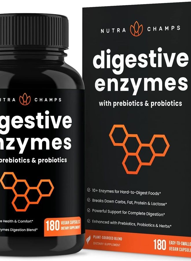 Digestive Enzymes with Probiotics and Prebiotics | 180 Servings, Vegan Digestion Supplement with Bromelain | Bloating Relief for Women & Men | Relieve Constipation, Gas, IBS, Lactose Intolerance Pills