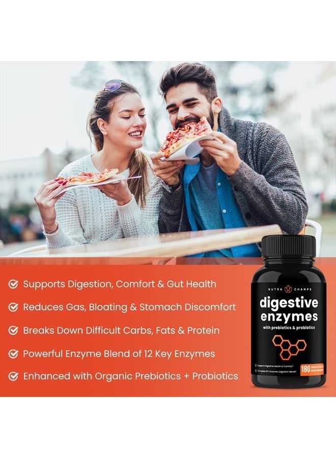 Digestive Enzymes with Probiotics and Prebiotics | 180 Servings, Vegan Digestion Supplement with Bromelain | Bloating Relief for Women & Men | Relieve Constipation, Gas, IBS, Lactose Intolerance Pills