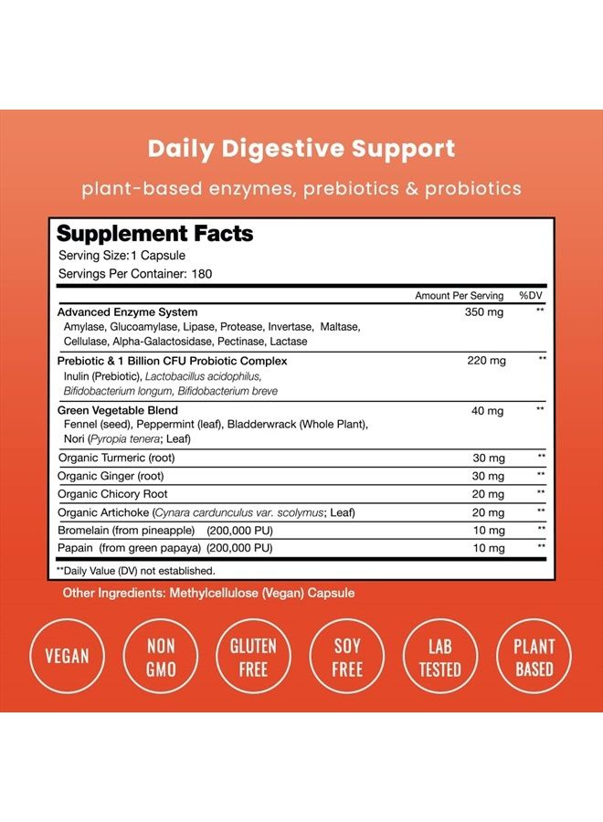 Digestive Enzymes with Probiotics and Prebiotics | 180 Servings, Vegan Digestion Supplement with Bromelain | Bloating Relief for Women & Men | Relieve Constipation, Gas, IBS, Lactose Intolerance Pills