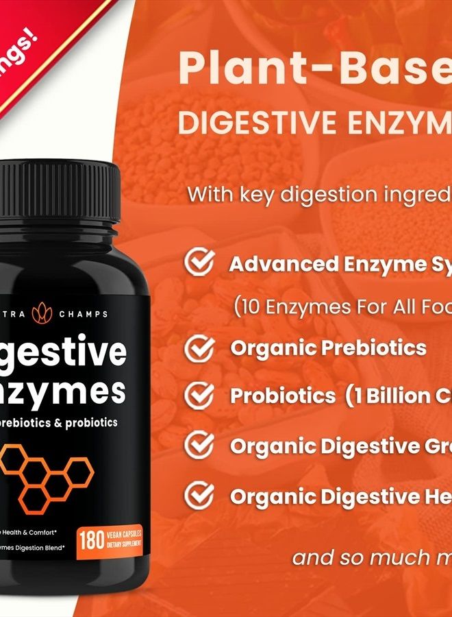 Digestive Enzymes with Probiotics and Prebiotics | 180 Servings, Vegan Digestion Supplement with Bromelain | Bloating Relief for Women & Men | Relieve Constipation, Gas, IBS, Lactose Intolerance Pills