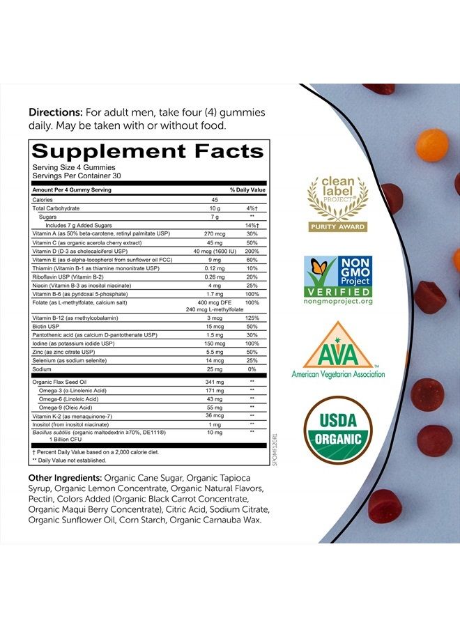 Organic Mens Multivitamins, Daily Gummy Vitamins: Probiotics, Vitamins C, D3, B12, Zinc & Omega 3 for Immune Support, Digestive Health, Energy, & Bone Health, 120 Gummies, 30 Day Supply