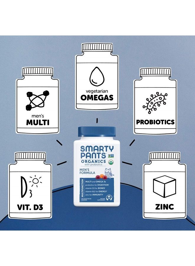 Organic Mens Multivitamins, Daily Gummy Vitamins: Probiotics, Vitamins C, D3, B12, Zinc & Omega 3 for Immune Support, Digestive Health, Energy, & Bone Health, 120 Gummies, 30 Day Supply