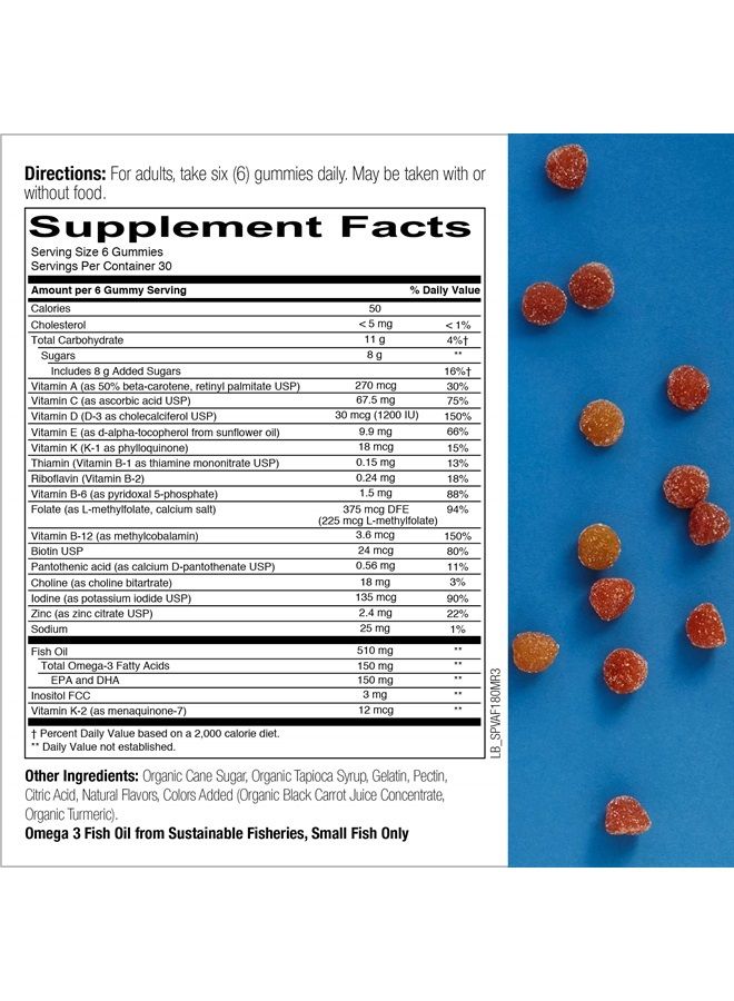 Daily Multivitamin for Men & Women: Daily Gummies for Adults with Vitamin B12, C, D3, E, & K - With Omega 3 Fish Oil (DHA/EPA), Iodine, Choline - 180 Count (30 Day Supply)