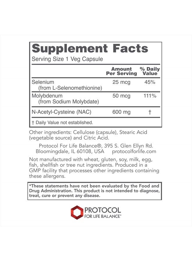 Protocol NAC with Selenium and Molybdenum - Glutathione, Brain, and Lung - 100 Veg Caps