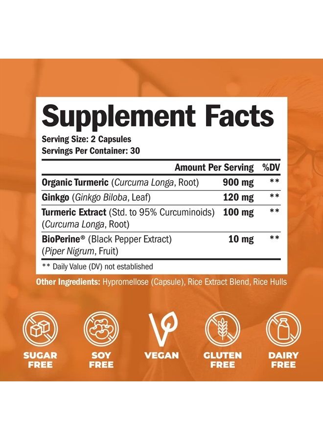 Turmeric Curcumin & Ginkgo Biloba with Bioperine Black Pepper - Vegan Joint Support Supplement with Organic Tumeric, Ginkgo & Bioperine - Aids Brain Clarity, Focus, Memory, and Concentration. 60 Caps