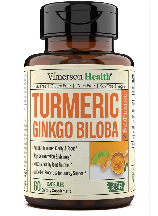 Turmeric Curcumin & Ginkgo Biloba with Bioperine Black Pepper - Vegan Joint Support Supplement with Organic Tumeric, Ginkgo & Bioperine - Aids Brain Clarity, Focus, Memory, and Concentration. 60 Caps