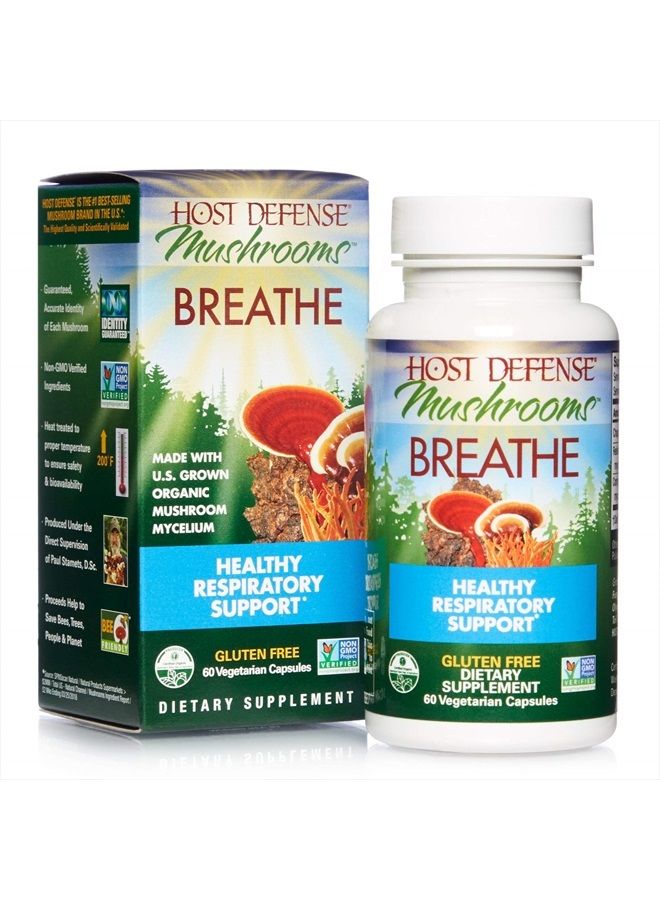 , Breathe Capsules, Respiratory Support, Mushroom Supplement with Cordyceps, Reishi and Chaga, Unflavored, 60