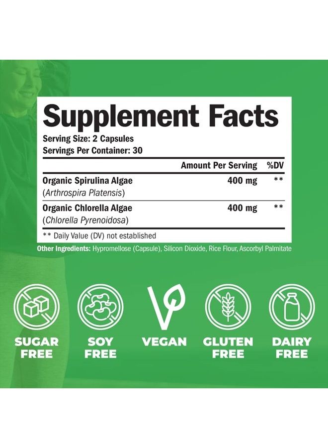 Spirulina Chlorella Green Superfood Capsules. Boosts Energy, Supports Cardiovascular Health. Antioxidant Properties for Detox and Cleanse